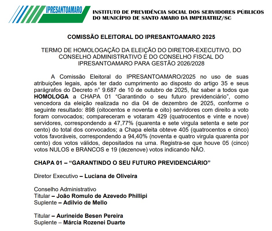 Resultado e homologação das eleições 2025 - IPRESANTOAMARO Resultado e homologação das eleições 2025 - IPRESANTOAMARO
